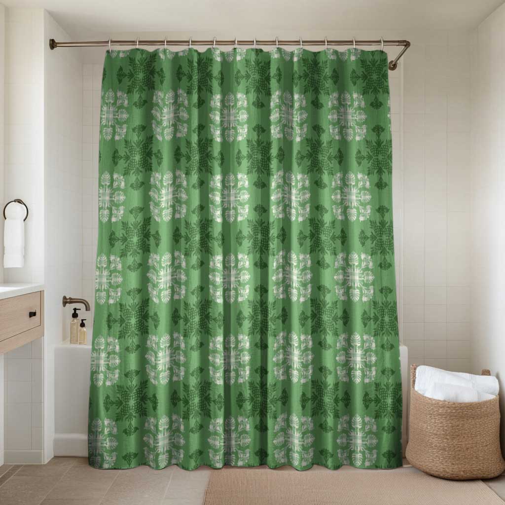 Green Hawaiian Quilt Bathroom Set Hawaii Pineapple Monstera Palaka Motifs - Polynesian Pride
