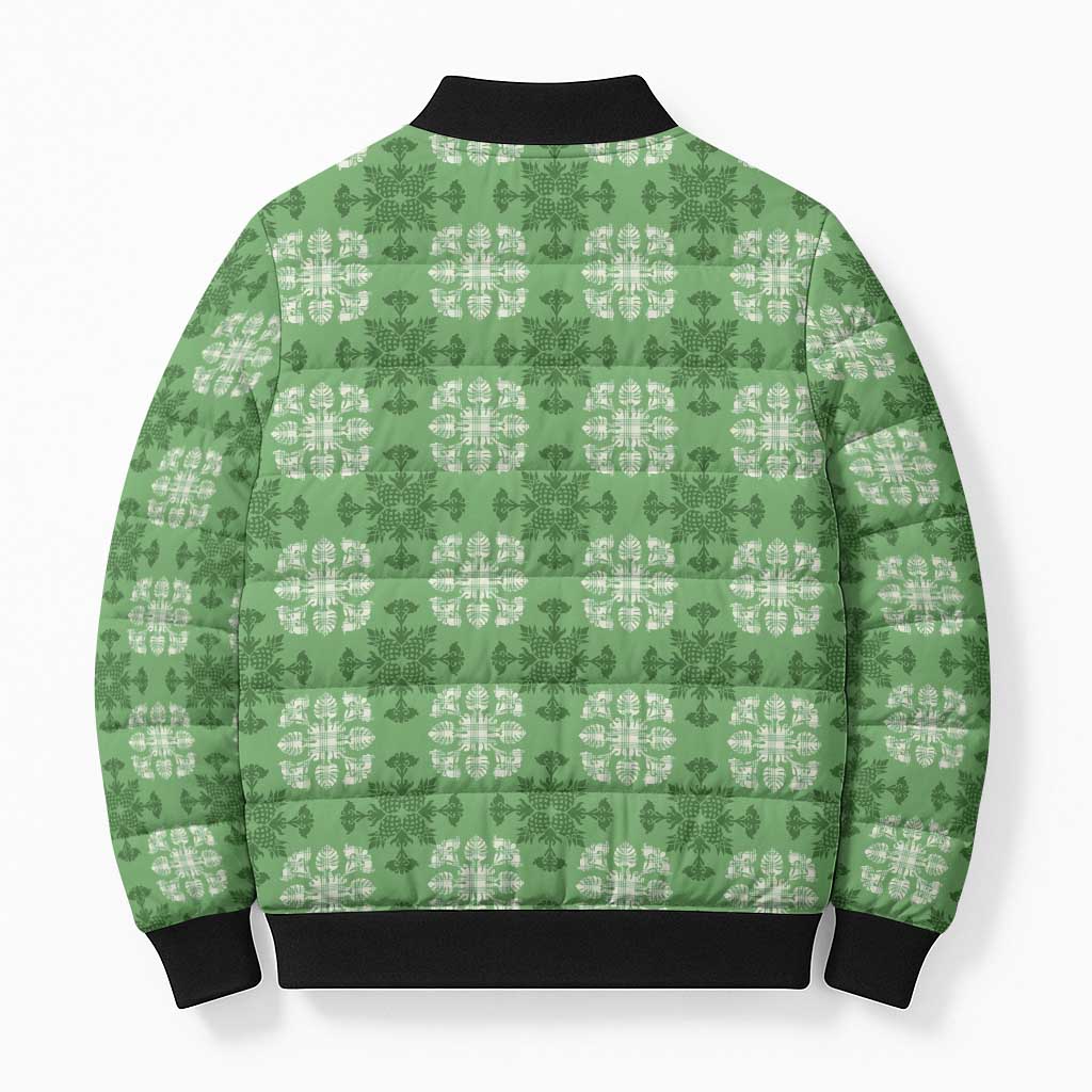 Green Hawaiian Quilt Bomber Puffer Jacket Hawaii Pineapple Monstera Palaka Motifs - Polynesian Pride