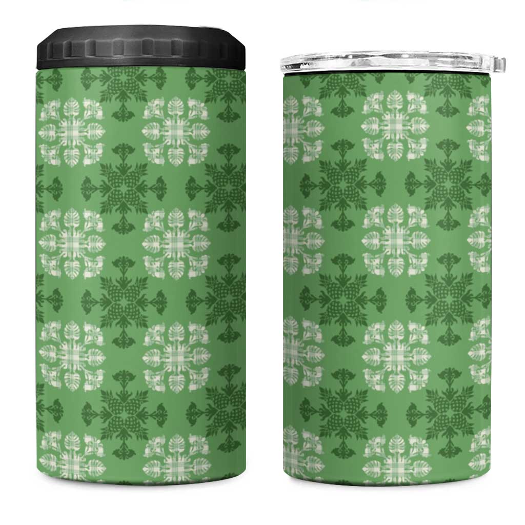 Green Hawaiian Quilt 4 in 1 Can Cooler Tumbler Hawaii Pineapple Monstera Palaka Motifs - Polynesian Pride