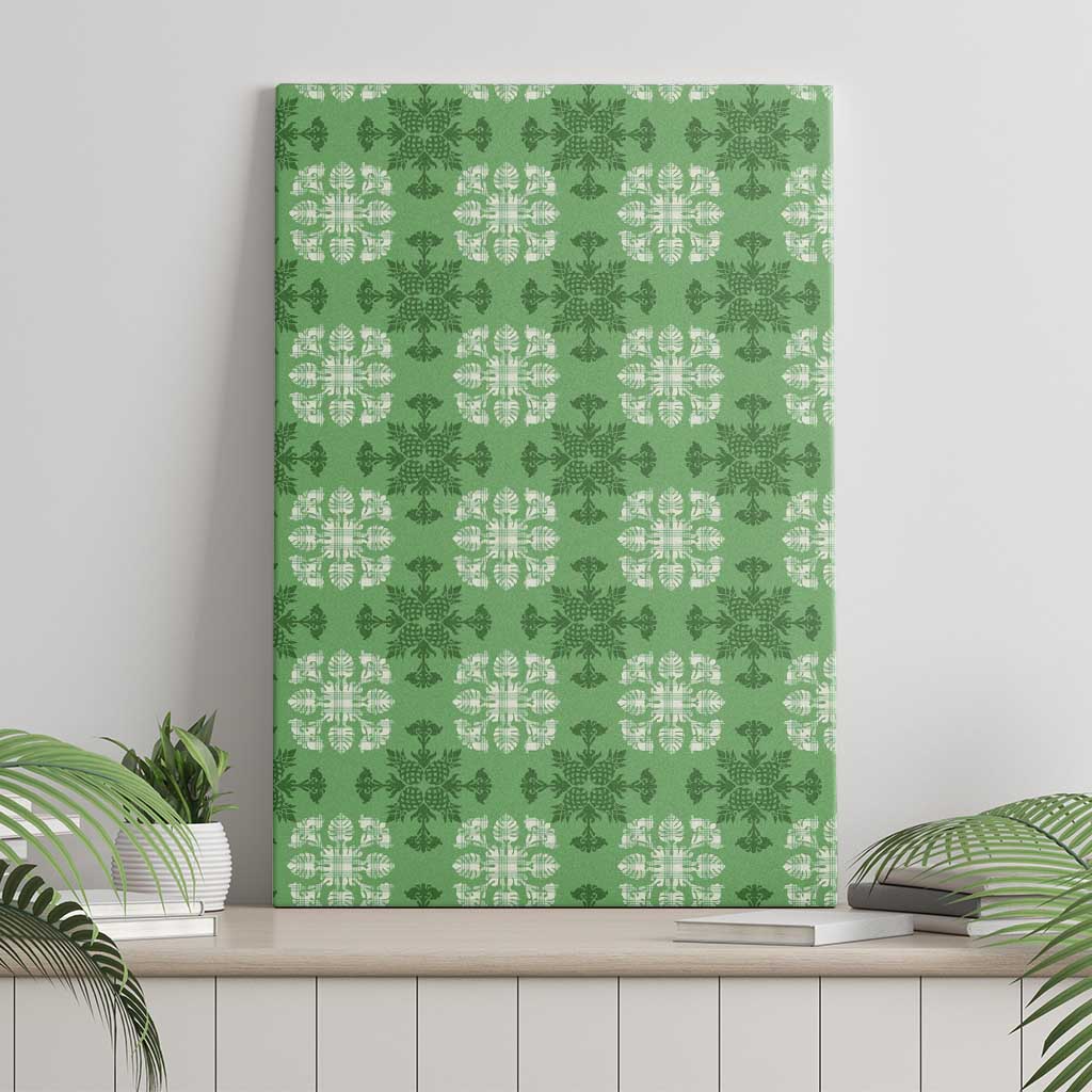 Green Hawaiian Quilt Canvas Wall Art Hawaii Pineapple Monstera Palaka Motifs - Polynesian Pride