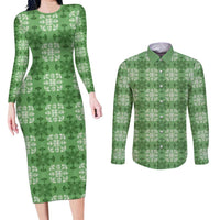 Green Hawaiian Quilt Couples Matching Long Sleeve Bodycon Dress and Long Sleeve Button Shirt Hawaii Pineapple Monstera Palaka Motifs - Polynesian Pride