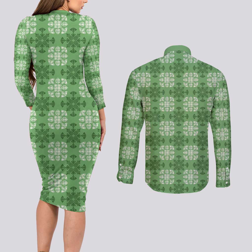 Green Hawaiian Quilt Couples Matching Long Sleeve Bodycon Dress and Long Sleeve Button Shirt Hawaii Pineapple Monstera Palaka Motifs - Polynesian Pride