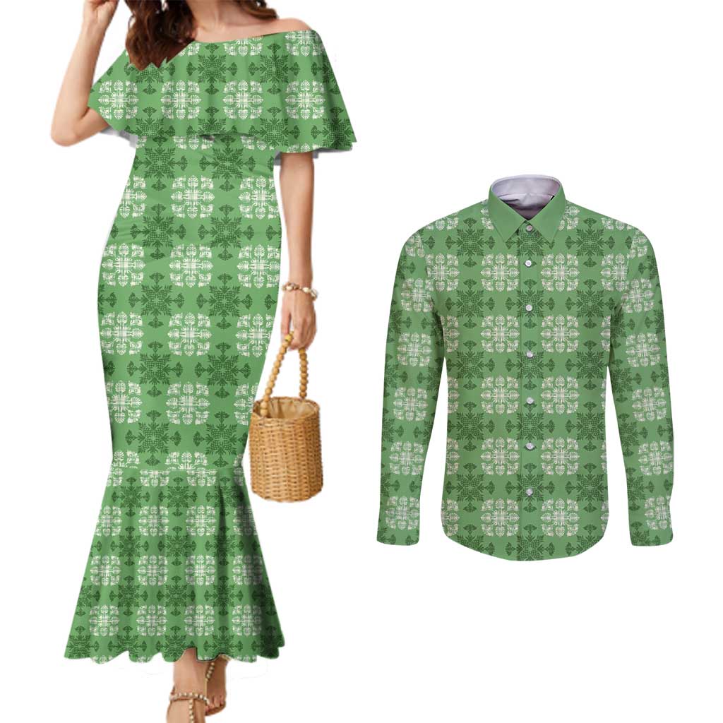 Green Hawaiian Quilt Couples Matching Mermaid Dress and Long Sleeve Button Shirt Hawaii Pineapple Monstera Palaka Motifs - Polynesian Pride