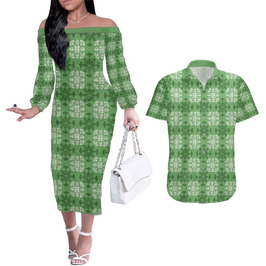 Green Hawaiian Quilt Couples Matching Off The Shoulder Long Sleeve Dress and Hawaiian Shirt Hawaii Pineapple Monstera Palaka Motifs - Polynesian Pride