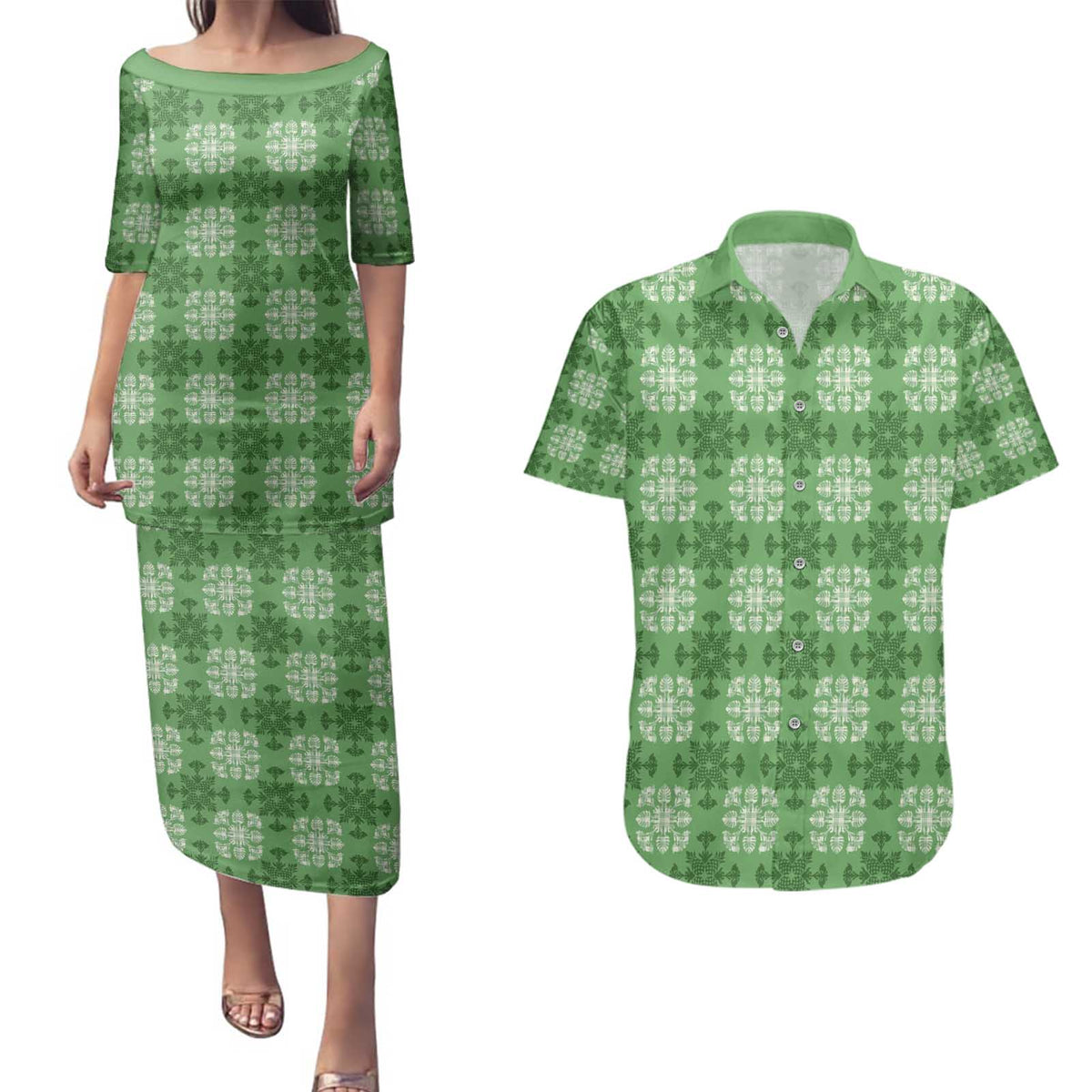 Green Hawaiian Quilt Couples Matching Puletasi and Hawaiian Shirt Hawaii Pineapple Monstera Palaka Motifs LT14 Green - Polynesian Pride