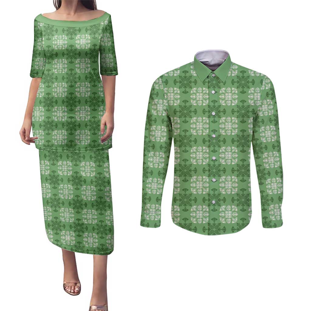 Green Hawaiian Quilt Couples Matching Puletasi and Long Sleeve Button Shirt Hawaii Pineapple Monstera Palaka Motifs - Polynesian Pride