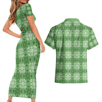 Green Hawaiian Quilt Couples Matching Short Sleeve Bodycon Dress and Hawaiian Shirt Hawaii Pineapple Monstera Palaka Motifs - Polynesian Pride