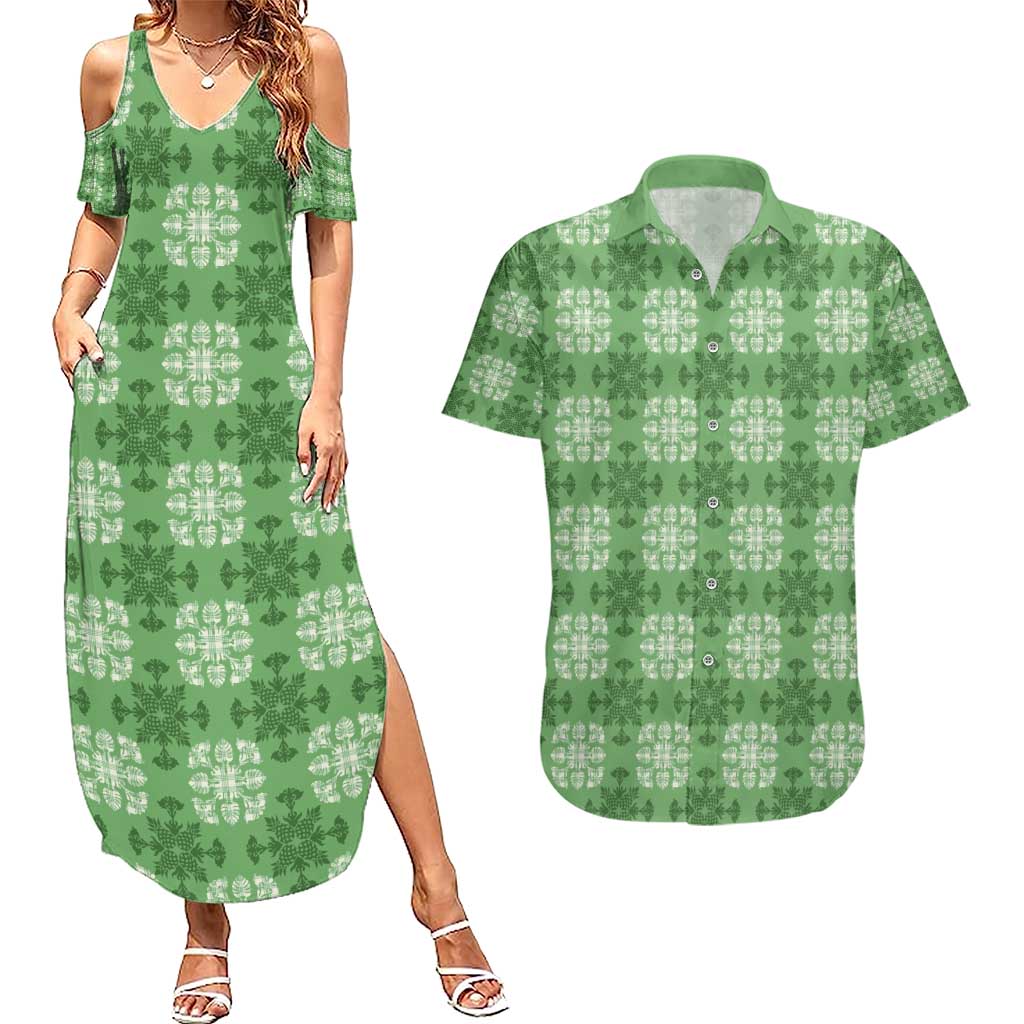 Green Hawaiian Quilt Couples Matching Summer Maxi Dress and Hawaiian Shirt Hawaii Pineapple Monstera Palaka Motifs - Polynesian Pride
