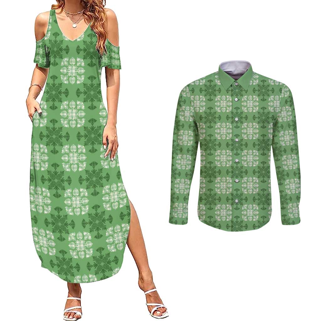 Green Hawaiian Quilt Couples Matching Summer Maxi Dress and Long Sleeve Button Shirt Hawaii Pineapple Monstera Palaka Motifs - Polynesian Pride