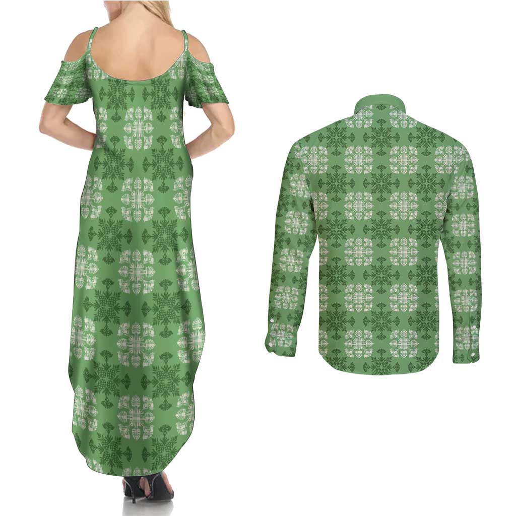 Green Hawaiian Quilt Couples Matching Summer Maxi Dress and Long Sleeve Button Shirt Hawaii Pineapple Monstera Palaka Motifs - Polynesian Pride