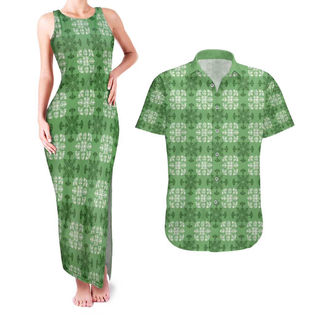 Green Hawaiian Quilt Couples Matching Tank Maxi Dress and Hawaiian Shirt Hawaii Pineapple Monstera Palaka Motifs - Polynesian Pride