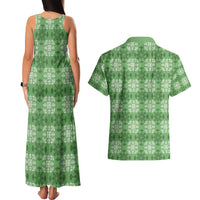 Green Hawaiian Quilt Couples Matching Tank Maxi Dress and Hawaiian Shirt Hawaii Pineapple Monstera Palaka Motifs - Polynesian Pride