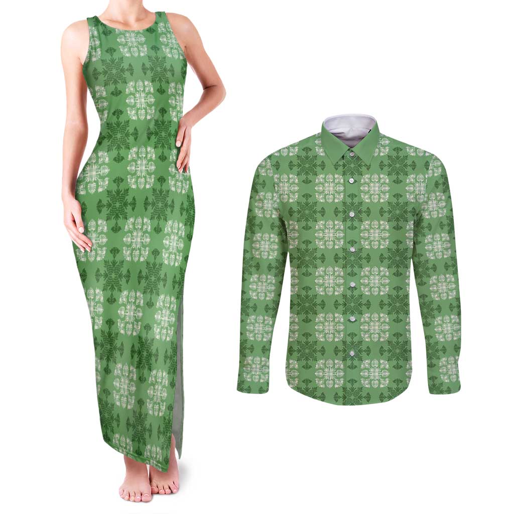 Green Hawaiian Quilt Couples Matching Tank Maxi Dress and Long Sleeve Button Shirt Hawaii Pineapple Monstera Palaka Motifs - Polynesian Pride