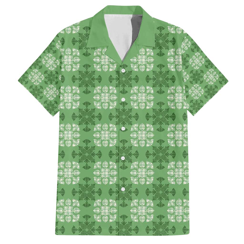 Green Hawaiian Quilt Family Matching Long Sleeve Bodycon Dress and Hawaiian Shirt Hawaii Pineapple Monstera Palaka Motifs - Polynesian Pride