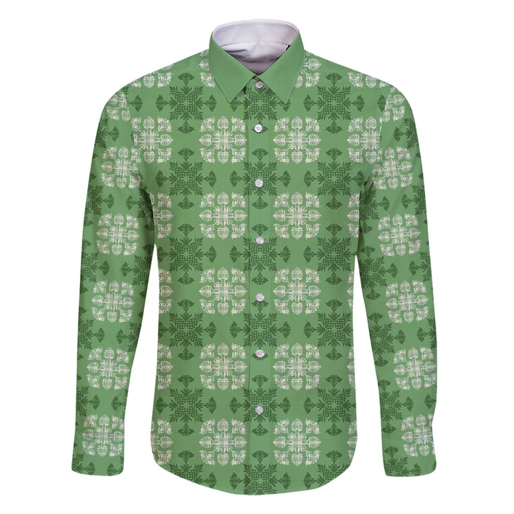 Green Hawaiian Quilt Family Matching Long Sleeve Bodycon Dress and Hawaiian Shirt Hawaii Pineapple Monstera Palaka Motifs - Polynesian Pride