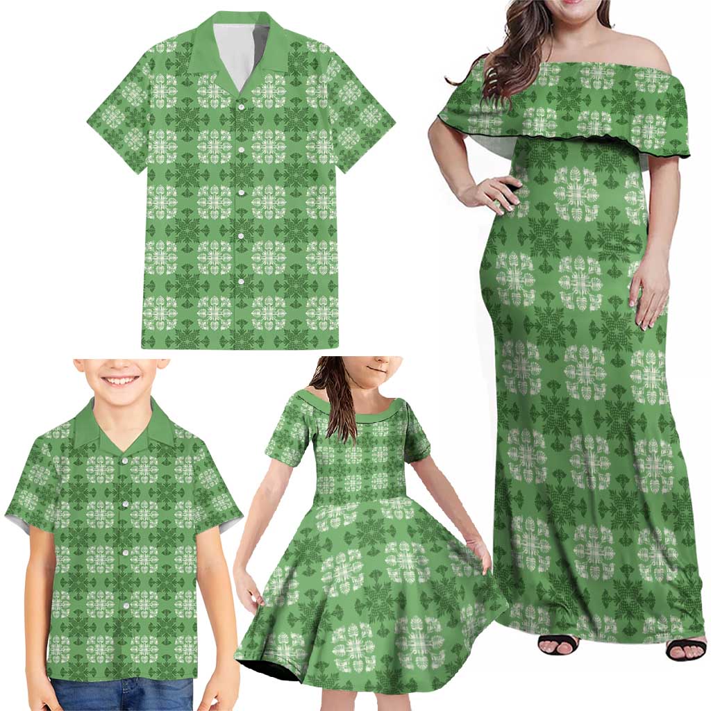 Green Hawaiian Quilt Family Matching Off Shoulder Maxi Dress and Hawaiian Shirt Hawaii Pineapple Monstera Palaka Motifs - Polynesian Pride