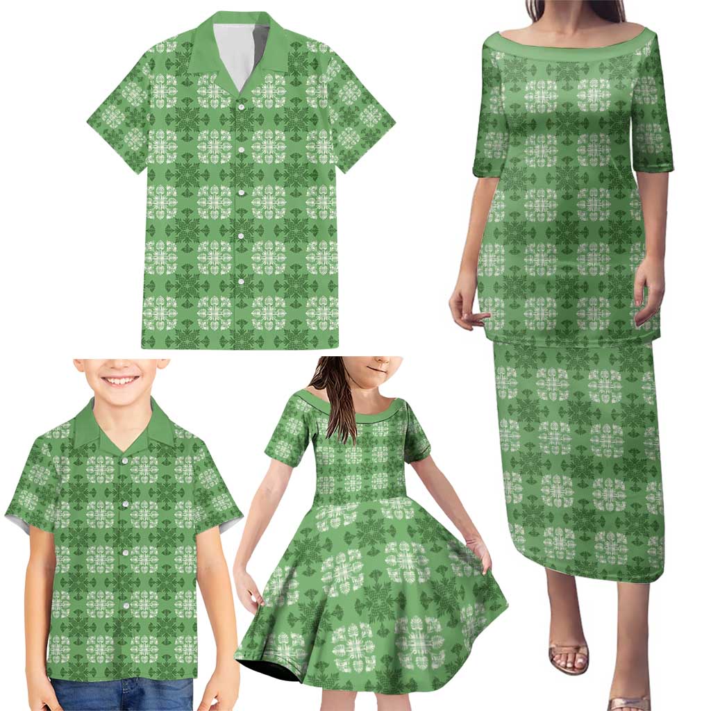 Green Hawaiian Quilt Family Matching Puletasi and Hawaiian Shirt Hawaii Pineapple Monstera Palaka Motifs - Polynesian Pride