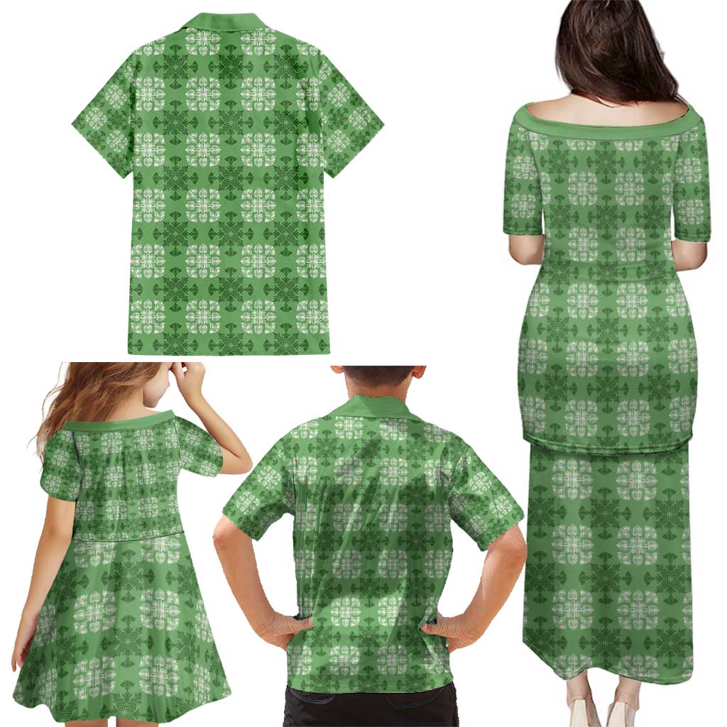 Green Hawaiian Quilt Family Matching Puletasi and Hawaiian Shirt Hawaii Pineapple Monstera Palaka Motifs - Polynesian Pride