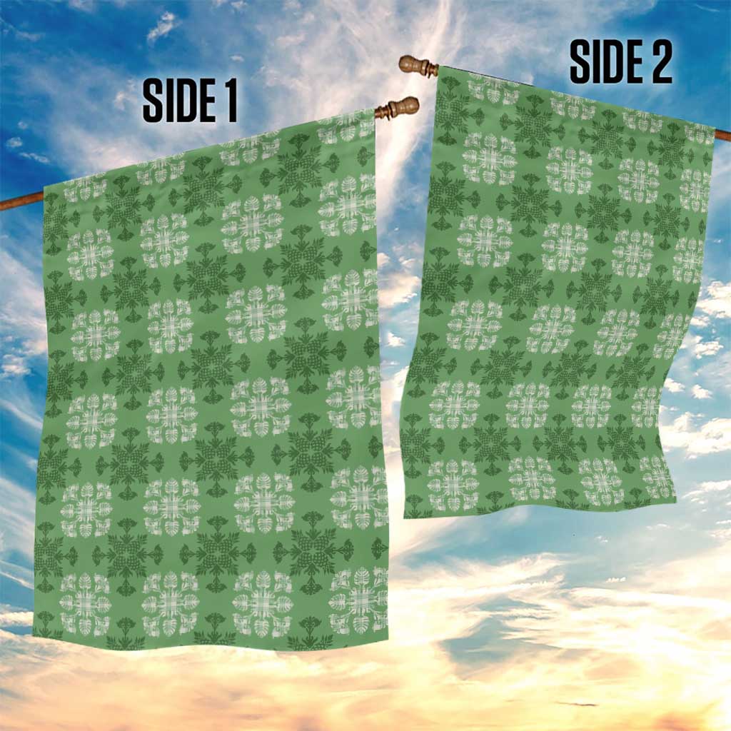 Green Hawaiian Quilt Garden Flag Hawaii Pineapple Monstera Palaka Motifs - Polynesian Pride