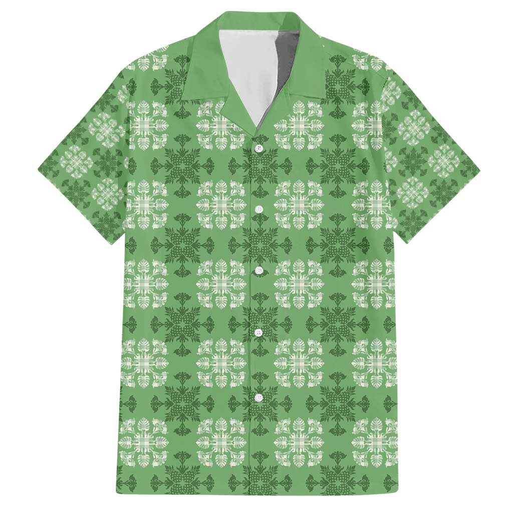 Green Hawaiian Quilt Hawaiian Shirt Hawaii Pineapple Monstera Palaka Motifs - Polynesian Pride