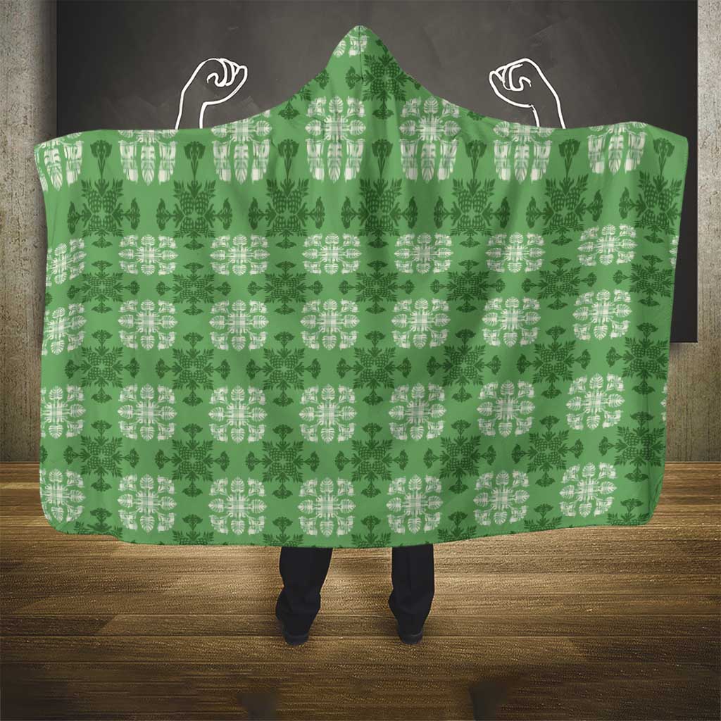 Green Hawaiian Quilt Hooded Blanket Hawaii Pineapple Monstera Palaka Motifs - Polynesian Pride