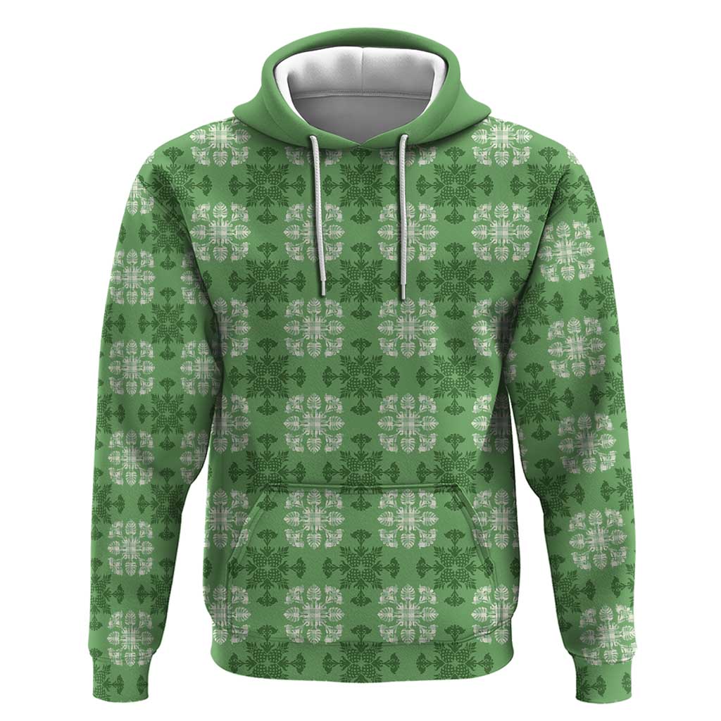 Green Hawaiian Quilt Hoodie Hawaii Pineapple Monstera Palaka Motifs - Polynesian Pride