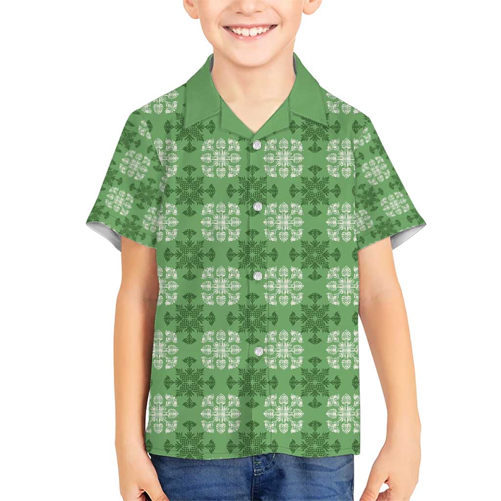 Green Hawaiian Quilt Kid Hawaiian Shirt Hawaii Pineapple Monstera Palaka Motifs LT14 Kid Green - Polynesian Pride