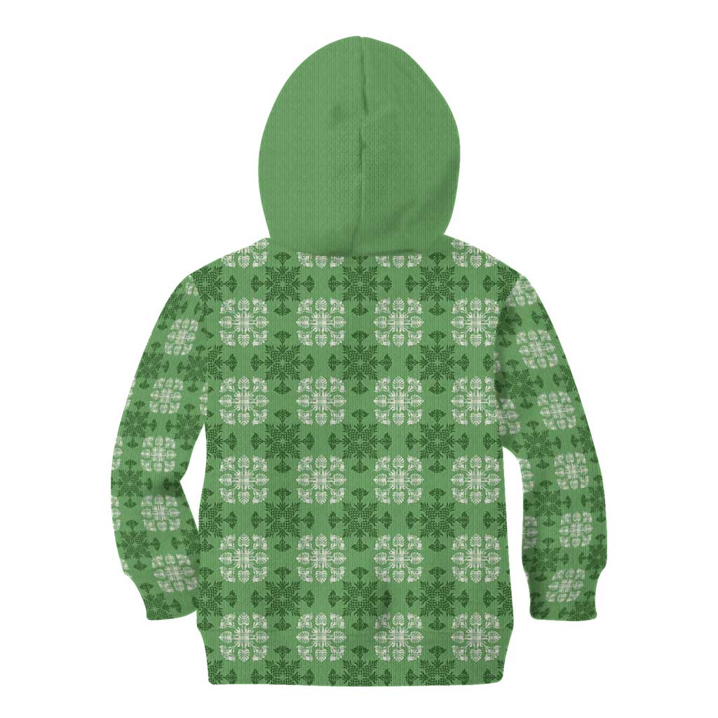 Green Hawaiian Quilt Kid Hoodie Hawaii Pineapple Monstera Palaka Motifs - Polynesian Pride