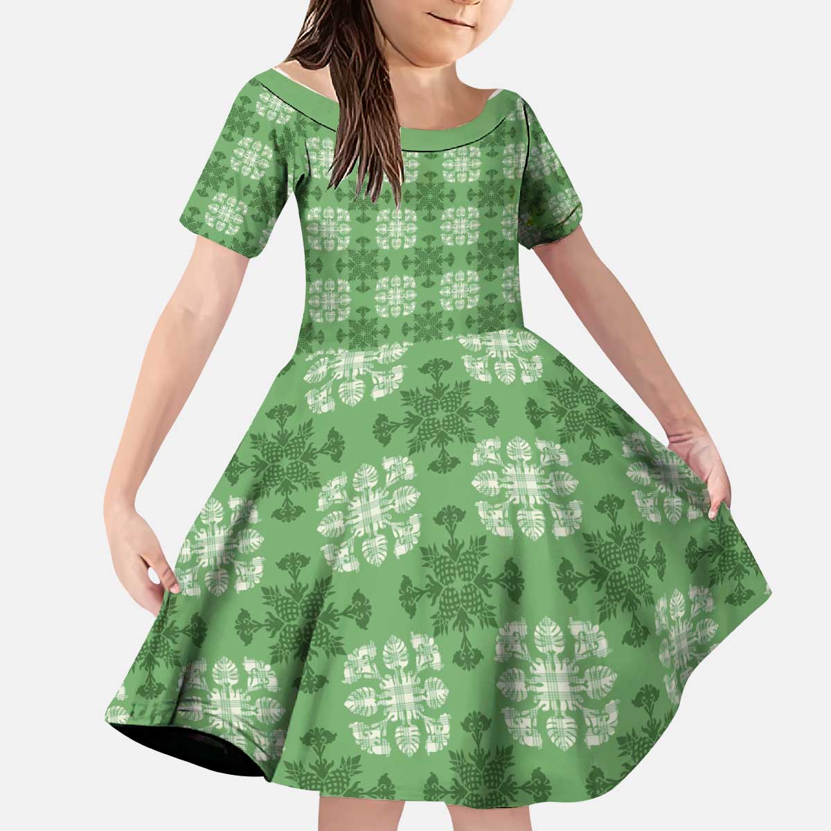 Green Hawaiian Quilt Kid Short Sleeve Dress Hawaii Pineapple Monstera Palaka Motifs - Polynesian Pride