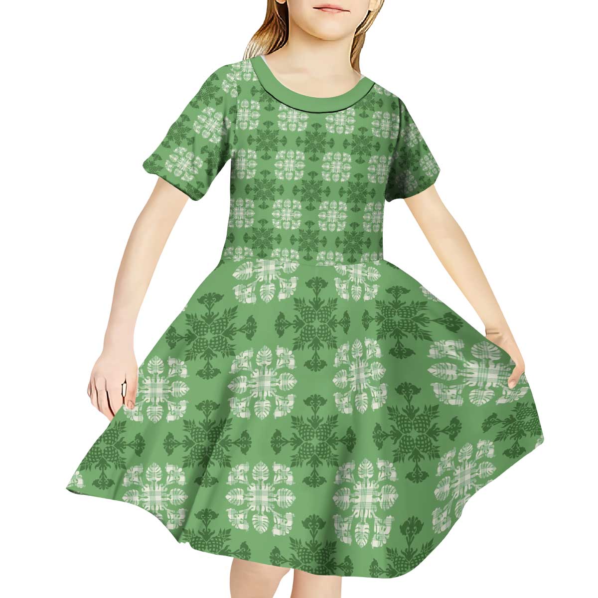 Green Hawaiian Quilt Kid Short Sleeve Dress Hawaii Pineapple Monstera Palaka Motifs - Polynesian Pride