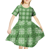 Green Hawaiian Quilt Kid Short Sleeve Dress Hawaii Pineapple Monstera Palaka Motifs - Polynesian Pride
