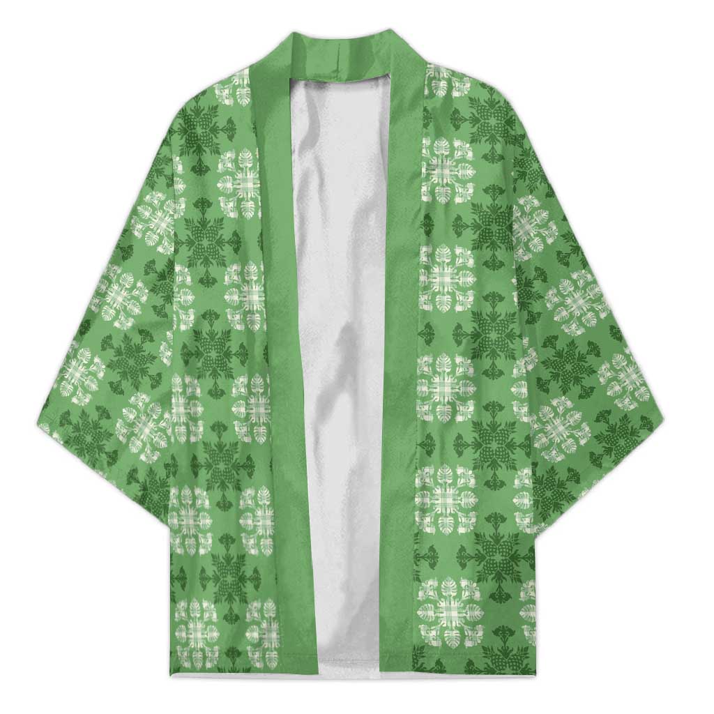 Green Hawaiian Quilt Kimono Hawaii Pineapple Monstera Palaka Motifs - Polynesian Pride