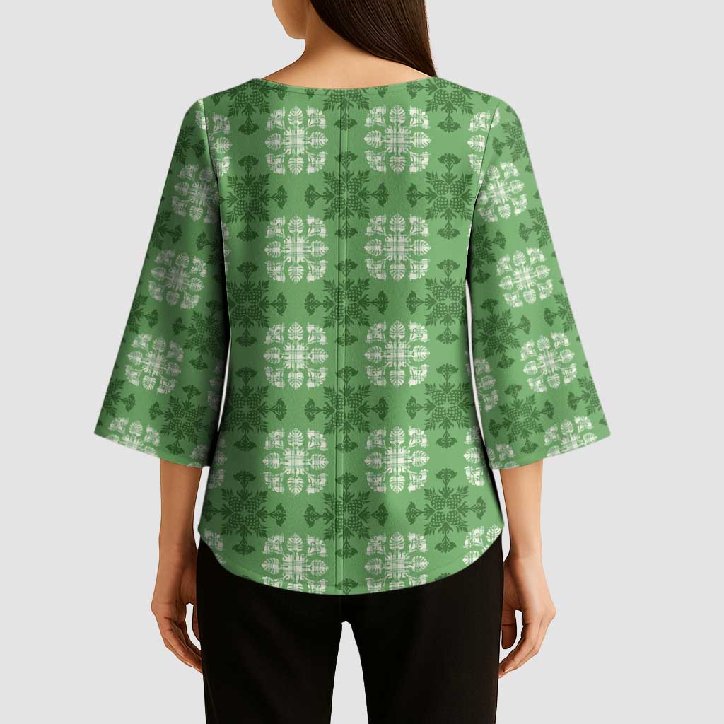 Green Hawaiian Quilt Kimono Sleeve Blouse Hawaii Pineapple Monstera Palaka Motifs - Polynesian Pride