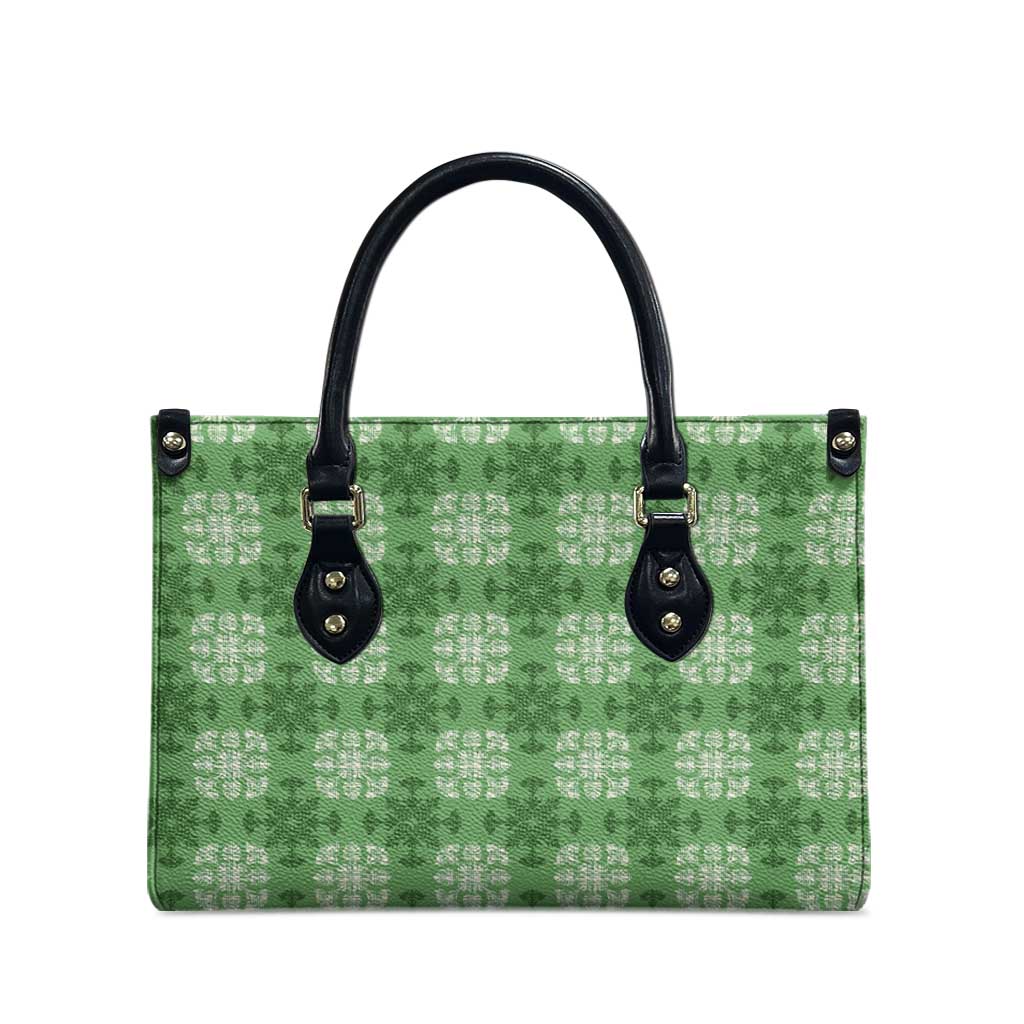 Green Hawaiian Quilt Leather Bag Hawaii Pineapple Monstera Palaka Motifs - Polynesian Pride
