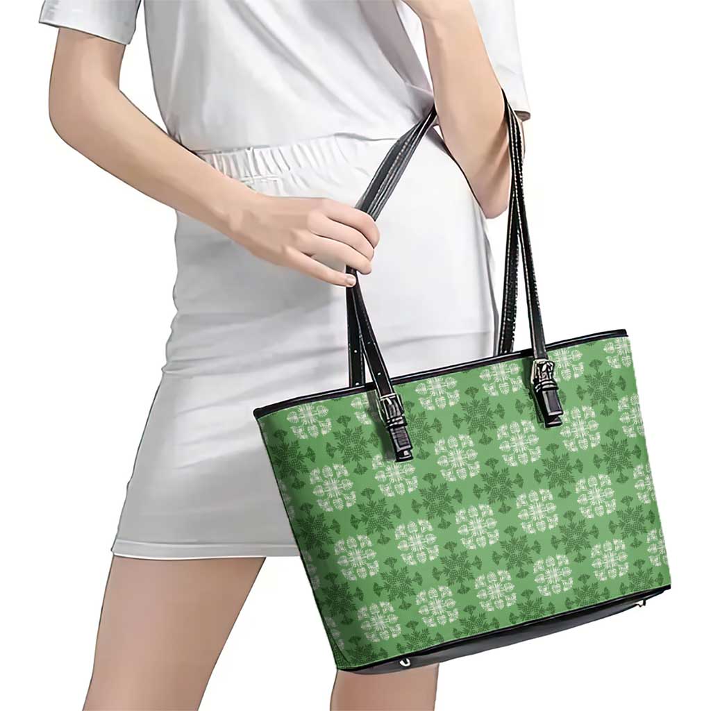 Green Hawaiian Quilt Leather Tote Bag Hawaii Pineapple Monstera Palaka Motifs - Polynesian Pride