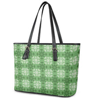 Green Hawaiian Quilt Leather Tote Bag Hawaii Pineapple Monstera Palaka Motifs - Polynesian Pride