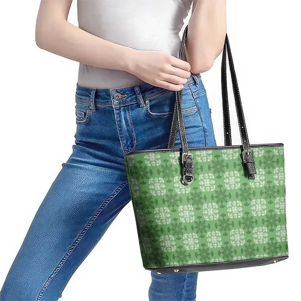 Green Hawaiian Quilt Leather Tote Bag Hawaii Pineapple Monstera Palaka Motifs - Polynesian Pride