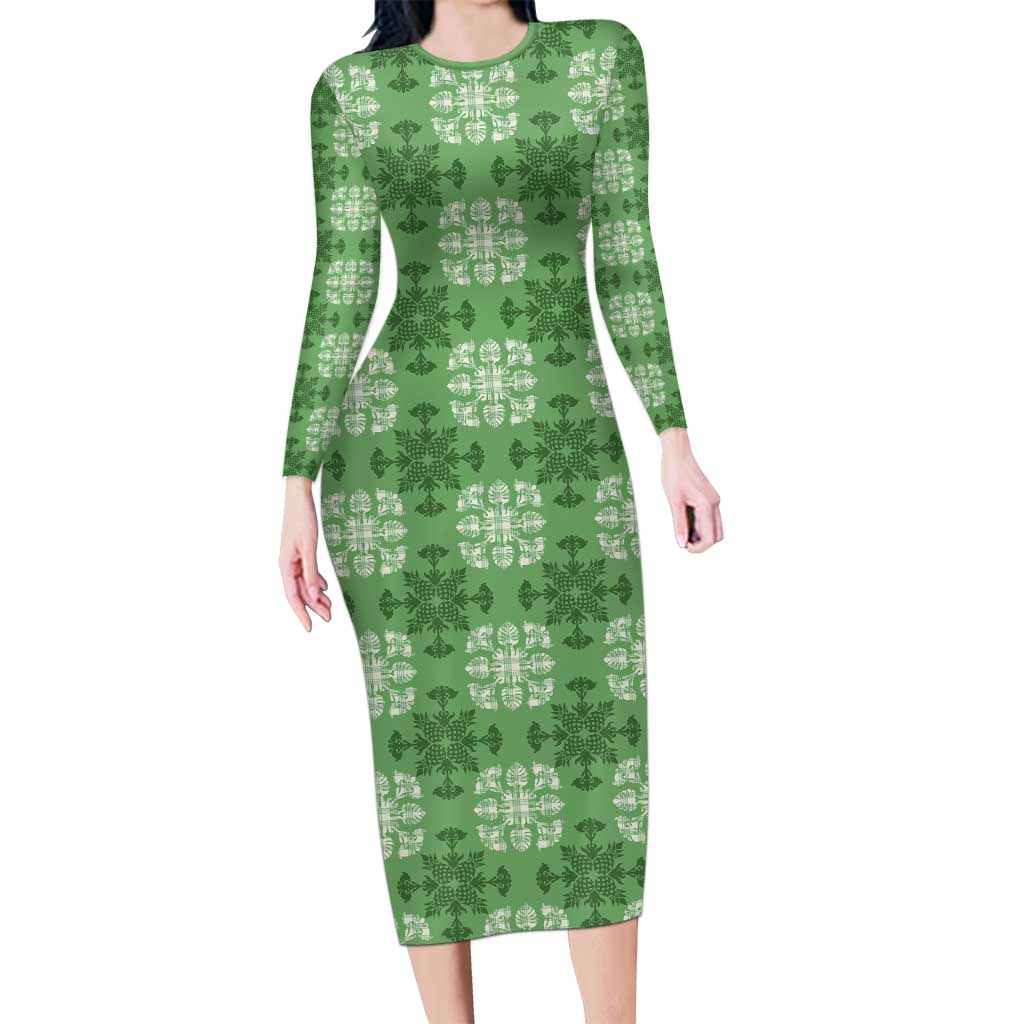 Green Hawaiian Quilt Long Sleeve Bodycon Dress Hawaii Pineapple Monstera Palaka Motifs - Polynesian Pride