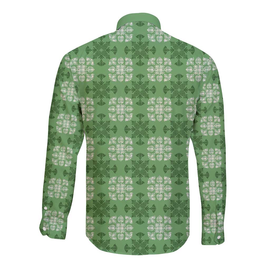 Green Hawaiian Quilt Long Sleeve Button Shirt Hawaii Pineapple Monstera Palaka Motifs - Polynesian Pride