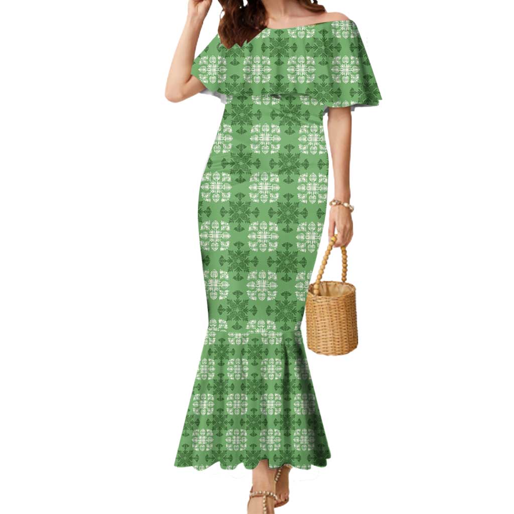 Green Hawaiian Quilt Mermaid Dress Hawaii Pineapple Monstera Palaka Motifs - Polynesian Pride