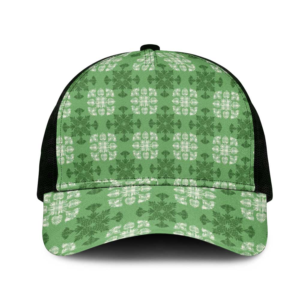 Green Hawaiian Quilt Mesh Trucker Cap Hawaii Pineapple Monstera Palaka Motifs - Polynesian Pride