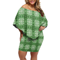 Green Hawaiian Quilt Off Shoulder Short Dress Hawaii Pineapple Monstera Palaka Motifs - Polynesian Pride