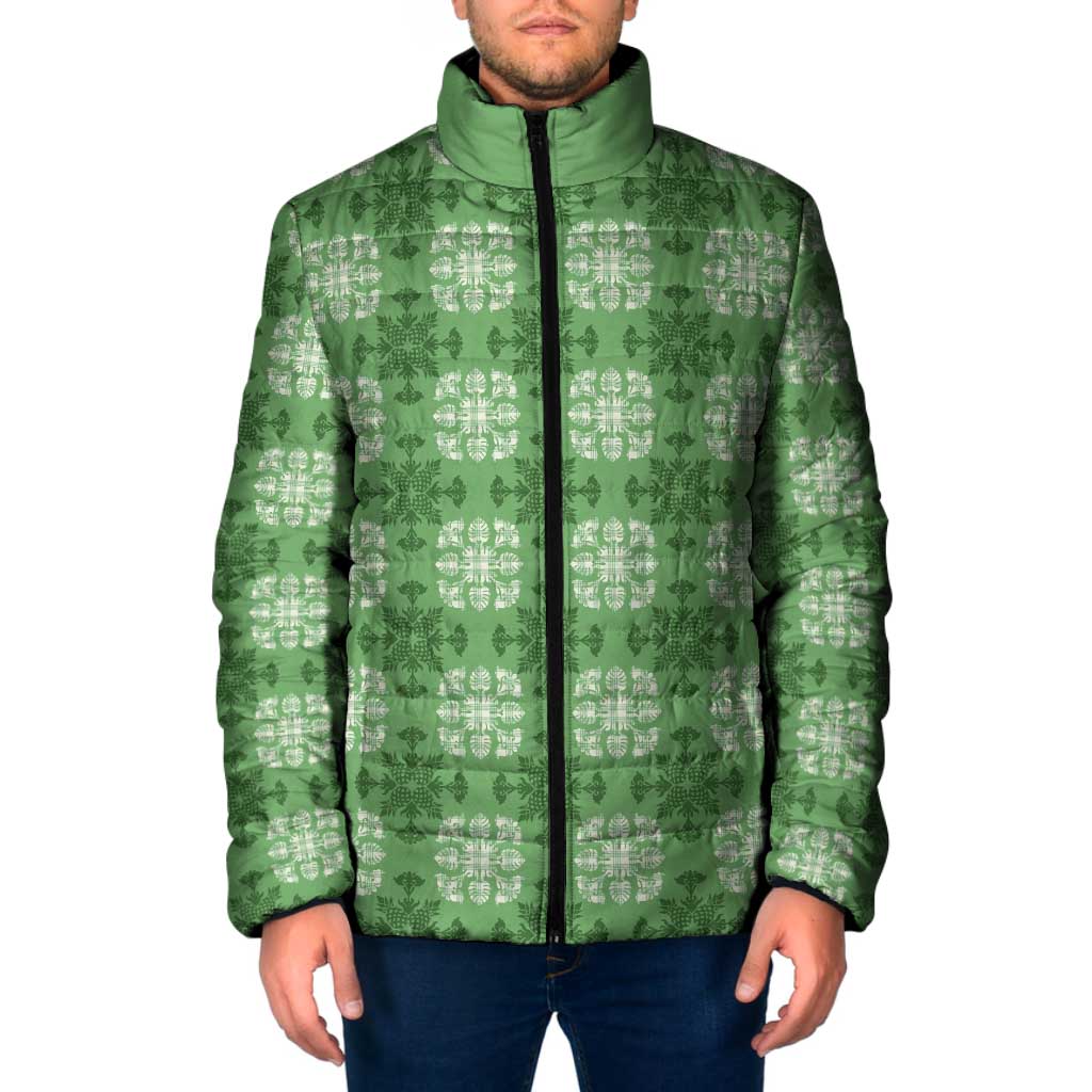 Green Hawaiian Quilt Padded Jacket Hawaii Pineapple Monstera Palaka Motifs - Polynesian Pride