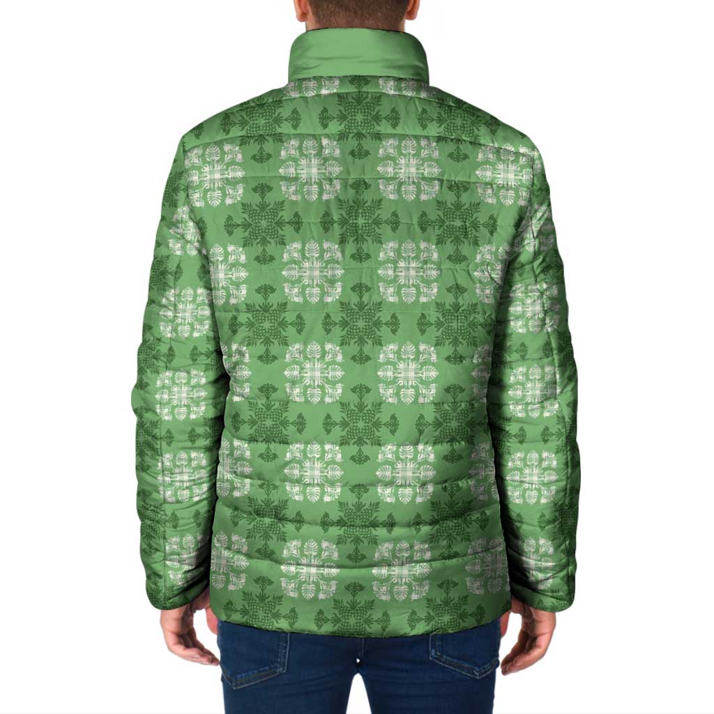 Green Hawaiian Quilt Padded Jacket Hawaii Pineapple Monstera Palaka Motifs - Polynesian Pride