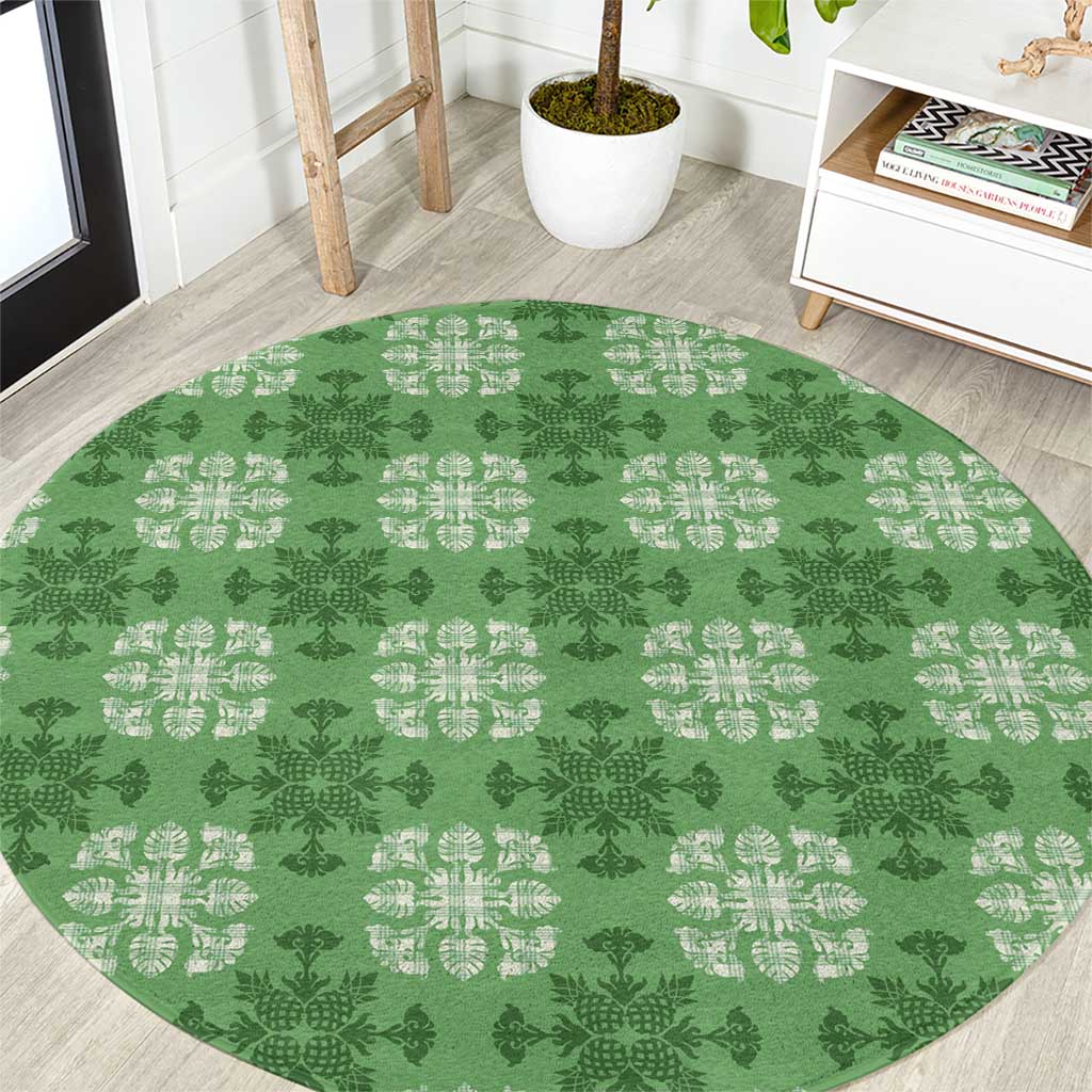 Green Hawaiian Quilt Round Carpet Hawaii Pineapple Monstera Palaka Motifs - Polynesian Pride