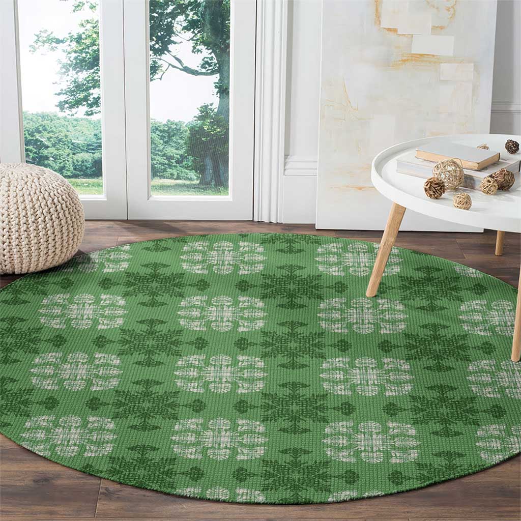 Green Hawaiian Quilt Round Carpet Hawaii Pineapple Monstera Palaka Motifs - Polynesian Pride