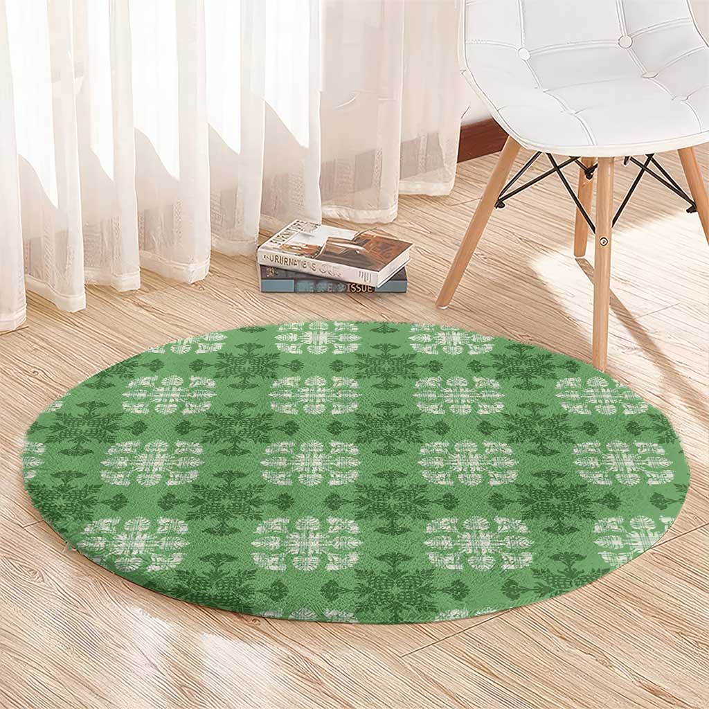 Green Hawaiian Quilt Round Carpet Hawaii Pineapple Monstera Palaka Motifs - Polynesian Pride
