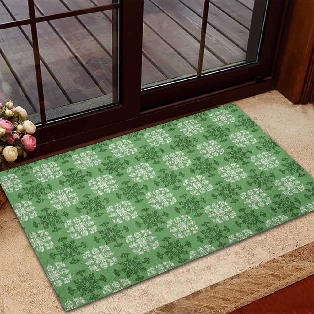 Green Hawaiian Quilt Rubber Doormat Hawaii Pineapple Monstera Palaka Motifs - Polynesian Pride