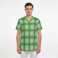 Green Hawaiian Quilt Scrub Top Hawaii Pineapple Monstera Palaka Motifs - Polynesian Pride