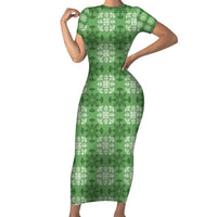 Green Hawaiian Quilt Short Sleeve Bodycon Dress Hawaii Pineapple Monstera Palaka Motifs - Polynesian Pride